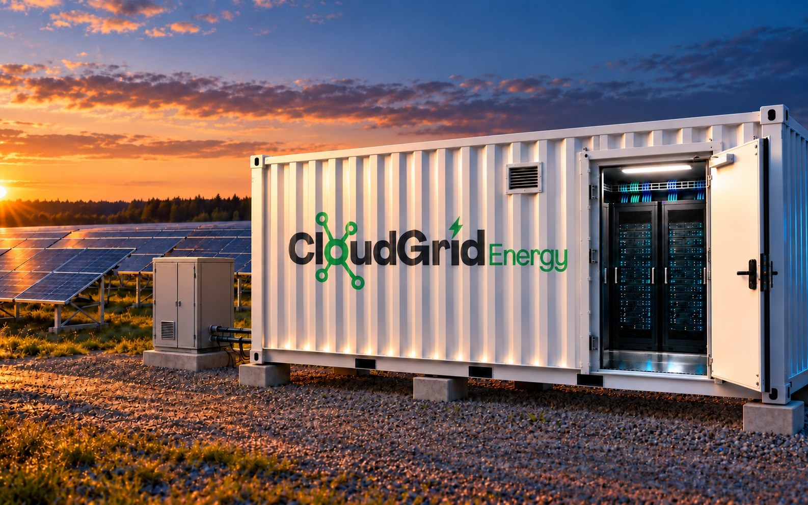 A white CloudGrid Energy modular container with its door open, revealing lit server racks, beside a transformer cabinet and rows of solar panels at sunset