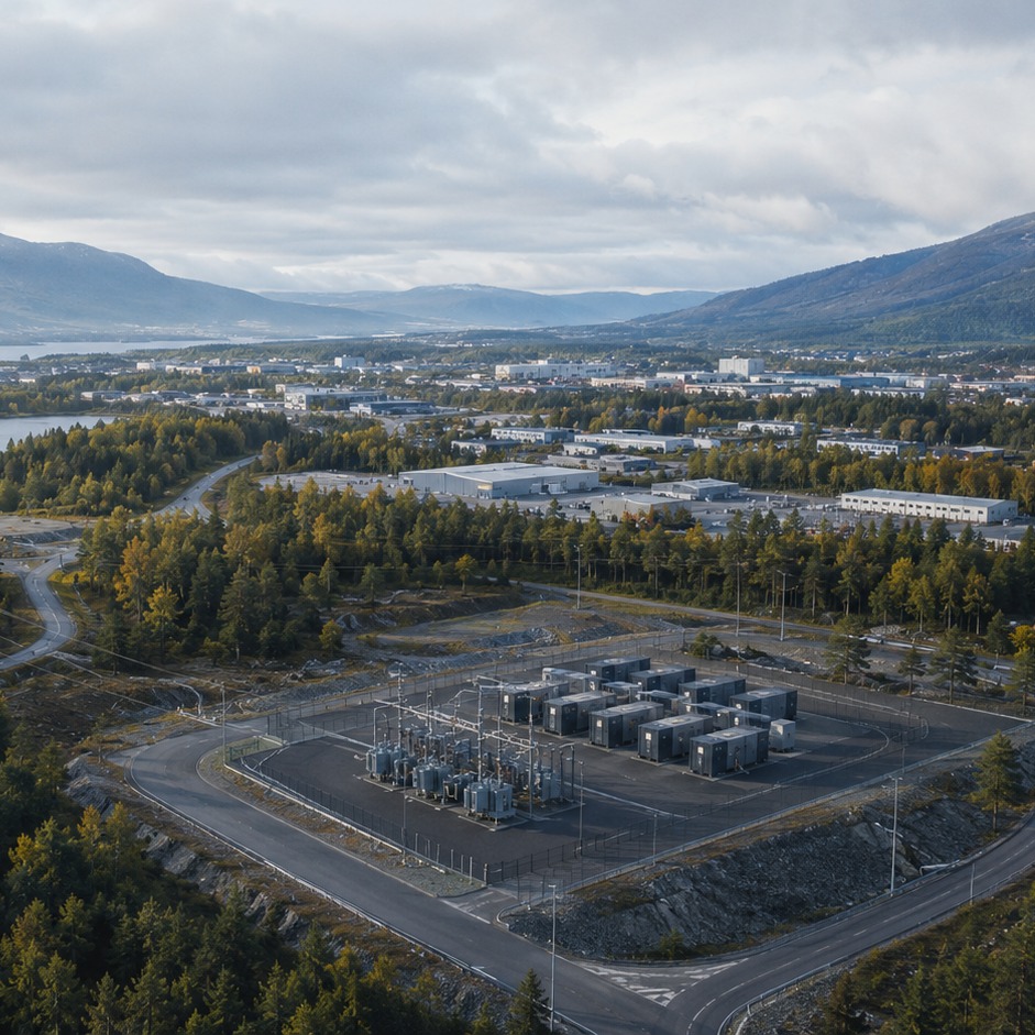 Aerial view of a Nordic substation and data center site surrounded by forest and mountains